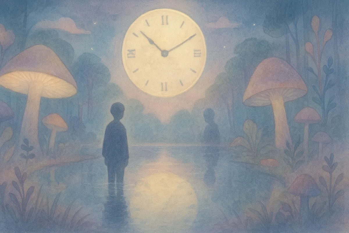 灰色のオフィスと逆さ時計の森