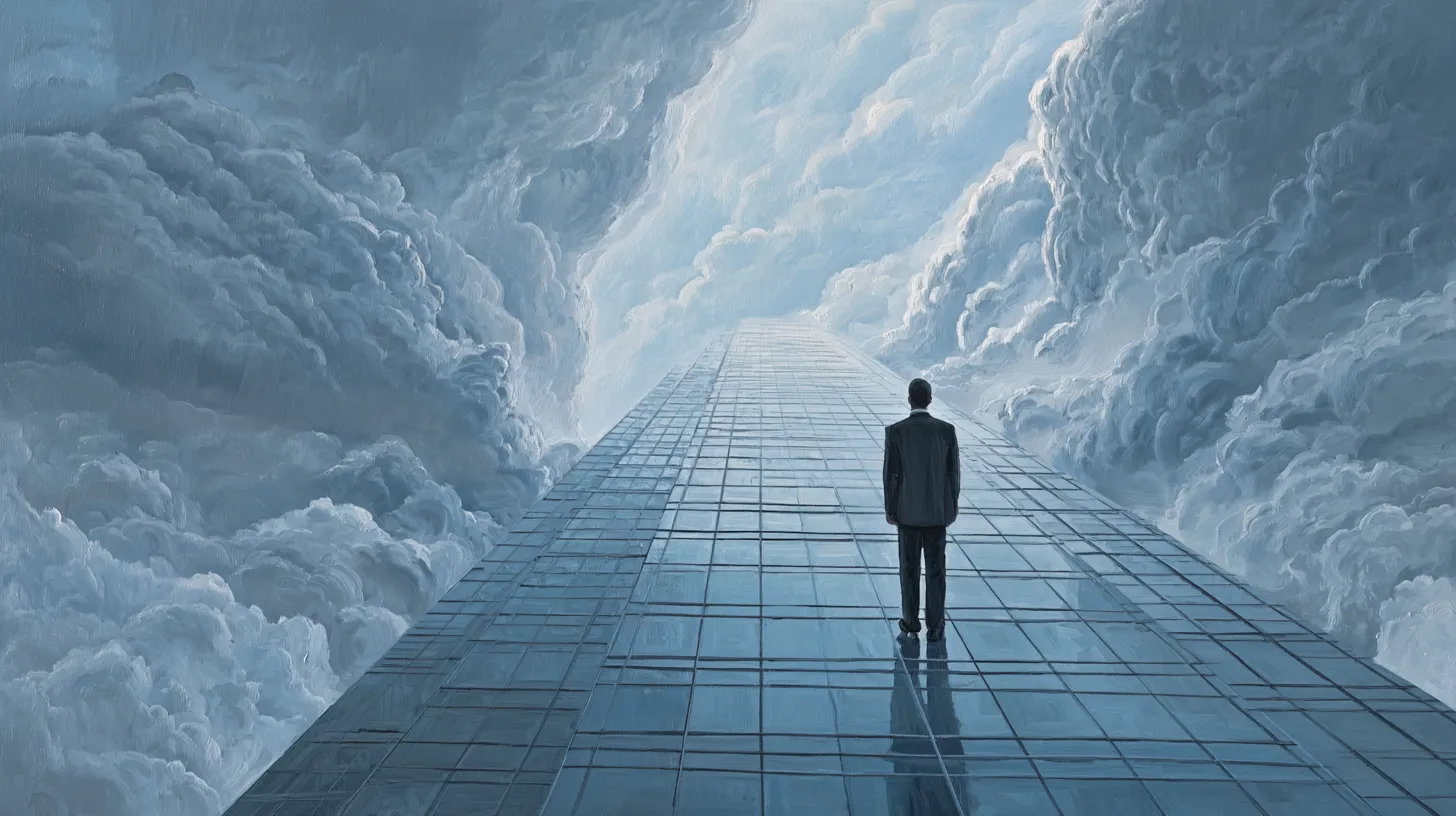 オフィスビルを見上げて立ち尽くすビジネスマン